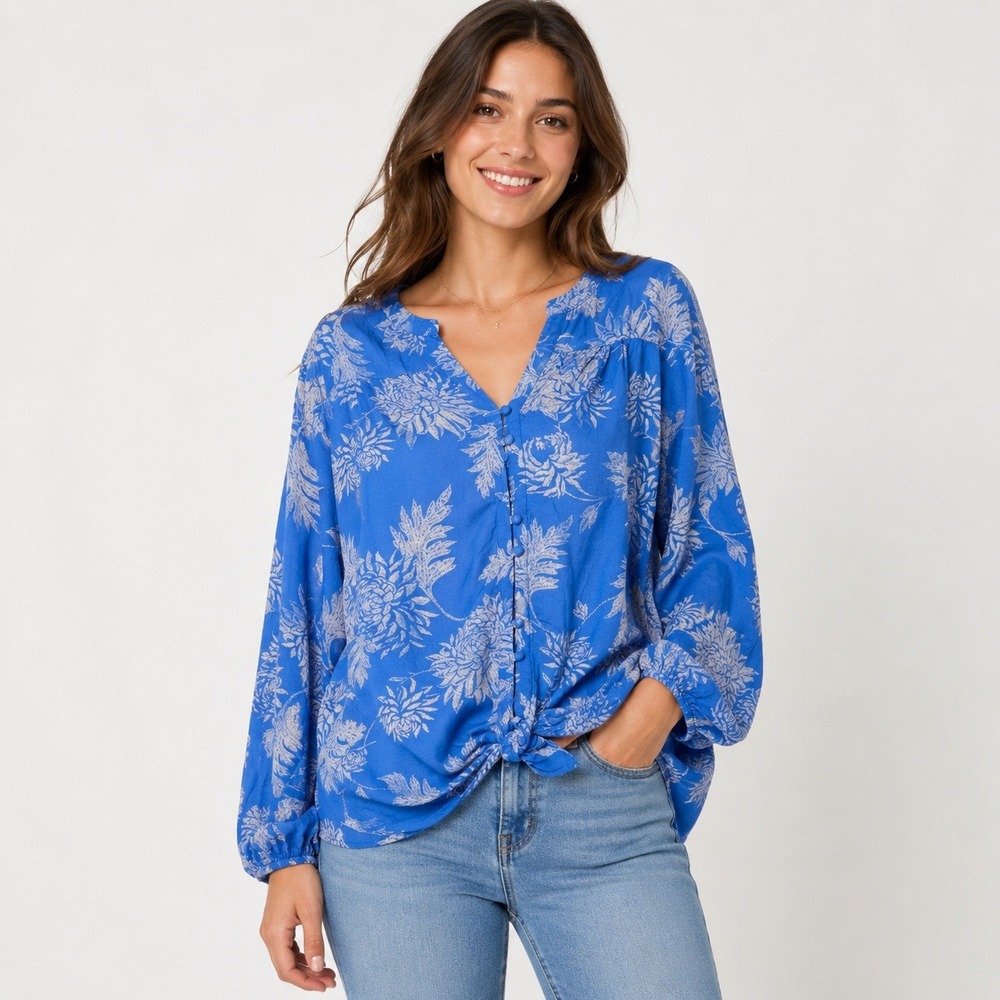 Lucky Brand Blue Floral Tie Front‎ Button Up Blouse Long Sleeve Rayon Small